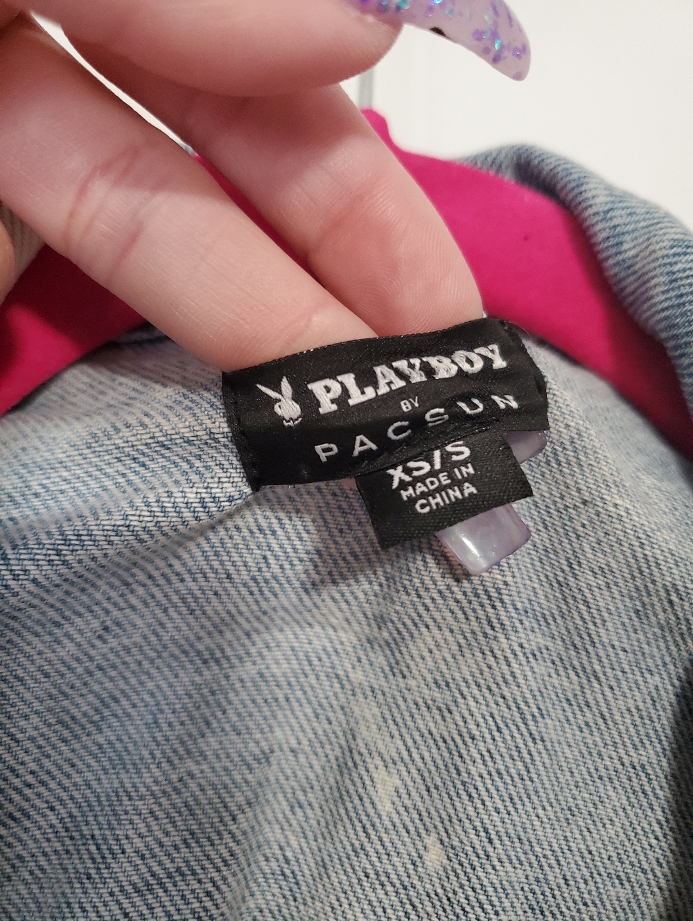 🆕️ PLAYBOY X PACSUN Blue Denim Jacket with White Bunny Print sz xs/s - Picture 2 of 7
